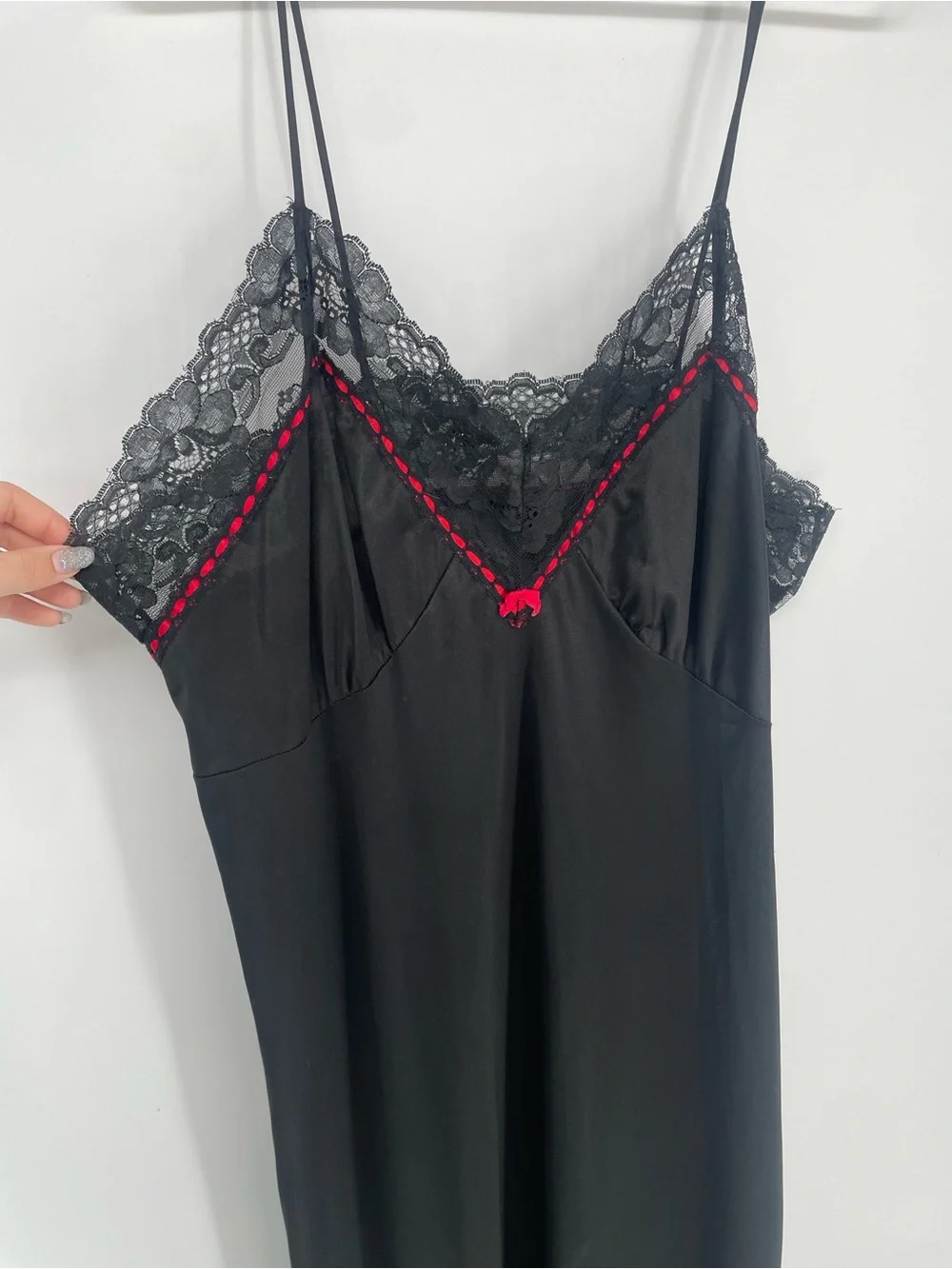 Vintage Black & Red Long Nylon Slip Nightgown Lace & Satin Ribbon Accents - Picture 7 of 13